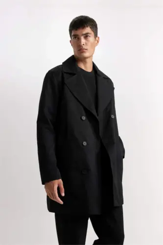 Slim Fit Narrow Cut Buttoned Belted Trench Coat Black - 5