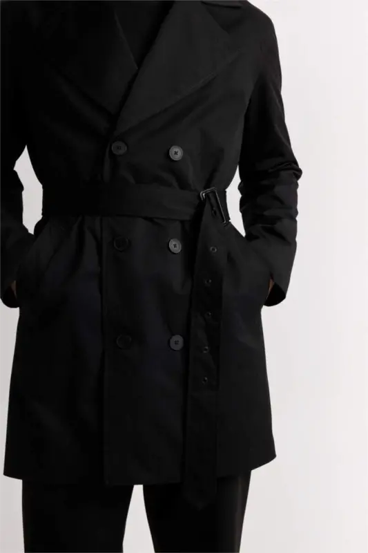 Slim Fit Narrow Cut Buttoned Belted Trench Coat Black - 6