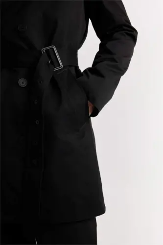 Slim Fit Narrow Cut Buttoned Belted Trench Coat Black - 7