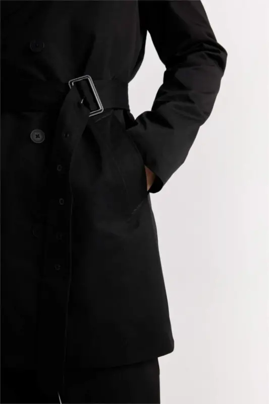 Slim Fit Narrow Cut Buttoned Belted Trench Coat Black - 7