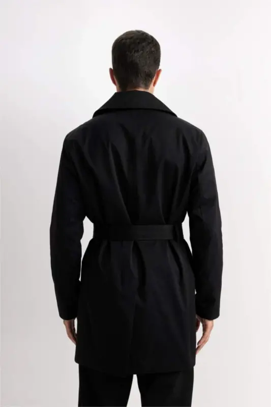 Slim Fit Narrow Cut Buttoned Belted Trench Coat Black - 8