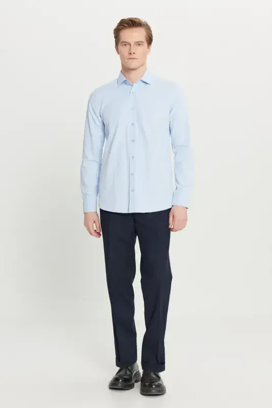 Slim Fit Narrow Cut Classic Collar Textured Light Blue Shirt - 2