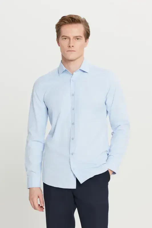 Slim Fit Narrow Cut Classic Collar Textured Light Blue Shirt - 3