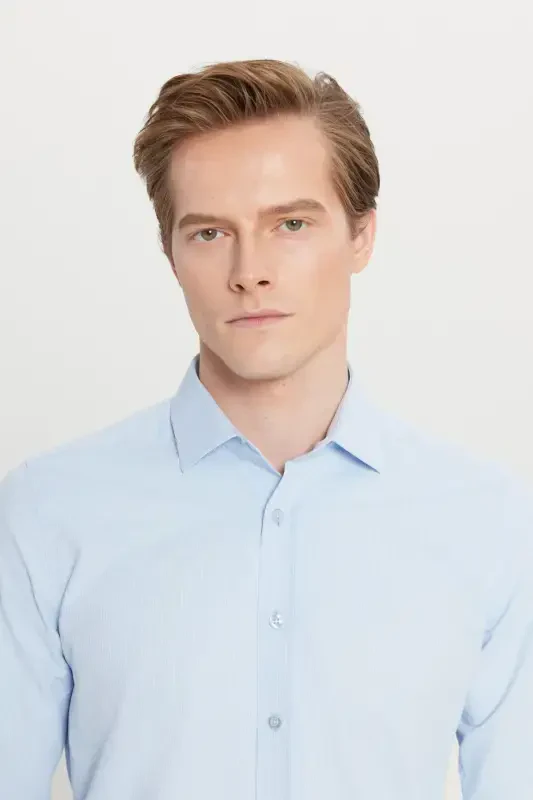 Slim Fit Narrow Cut Classic Collar Textured Light Blue Shirt - 4