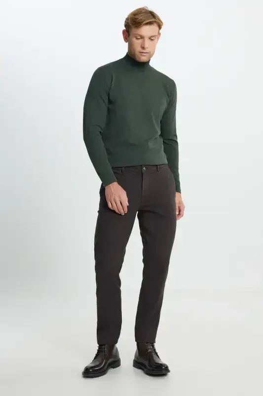 Slim Fit Narrow Cut Cotton Flexible Textured Side Pocket Brown Pants - 3