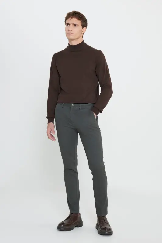 Slim Fit Narrow Cut Cotton Stretch Textured Side Pocket Green Pants-Green - 2