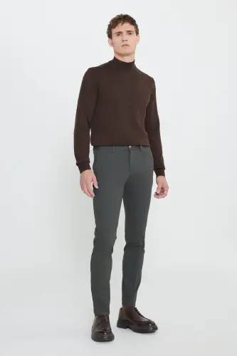 Slim Fit Narrow Cut Cotton Stretch Textured Side Pocket Green Pants-Green - 3