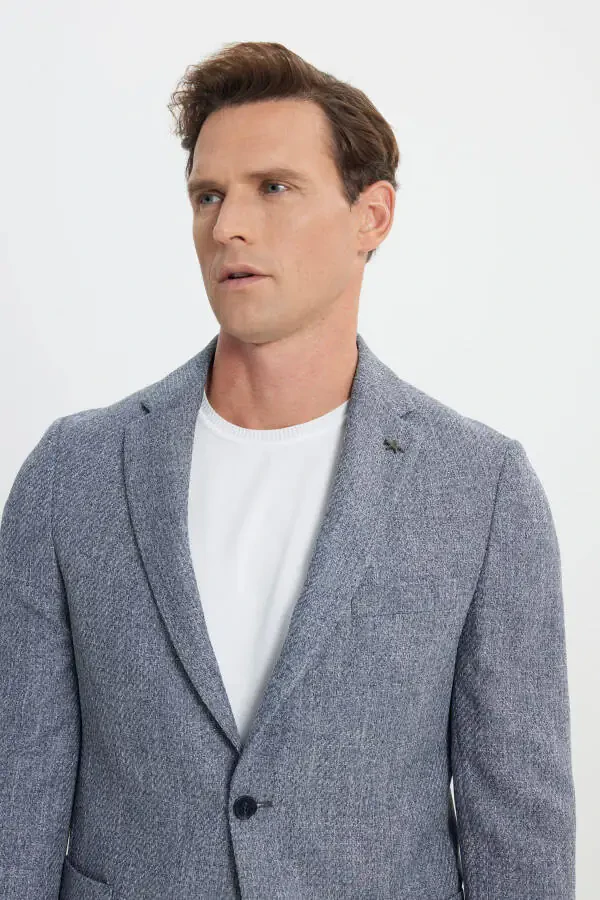 Slim Fit Narrow Cut Patterned Single-Breasted Navy Blazer with Flap Pockets - 5