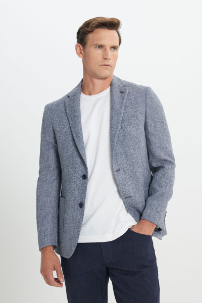Slim Fit Narrow Cut Patterned Single-Breasted Navy Blazer with Flap Pockets - 1
