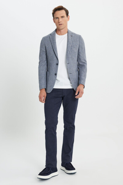 Slim Fit Narrow Cut Patterned Single-Breasted Navy Blazer with Flap Pockets - 2