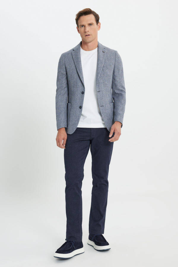Slim Fit Narrow Cut Patterned Single-Breasted Navy Blazer with Flap Pockets - 2