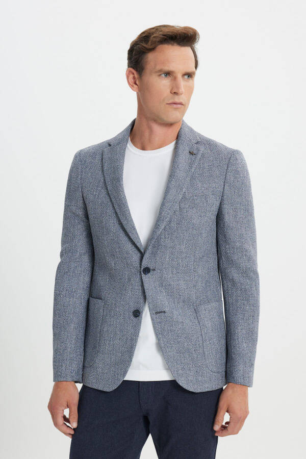 Slim Fit Narrow Cut Patterned Single-Breasted Navy Blazer with Flap Pockets - 3