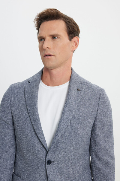 Slim Fit Narrow Cut Patterned Single-Breasted Navy Blazer with Flap Pockets - 5