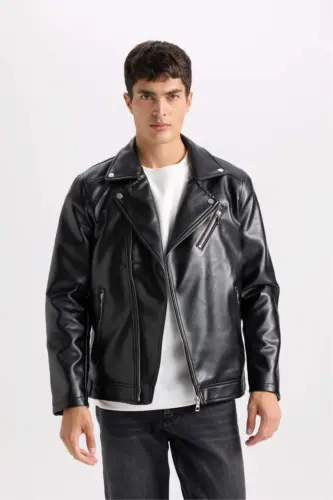 Slim Fit Narrow Cut Polo Collar Lined Zippered Faux Leather Jacket Black - 1