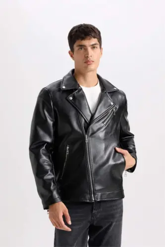 Slim Fit Narrow Cut Polo Collar Lined Zippered Faux Leather Jacket Black - 4