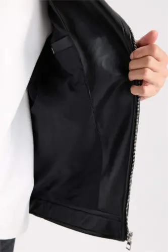 Slim Fit Narrow Cut Polo Collar Lined Zippered Faux Leather Jacket Black - 7