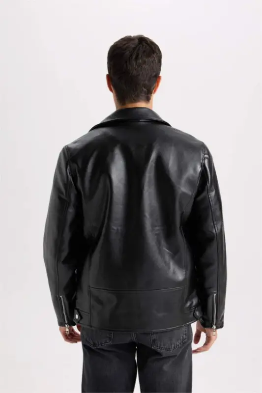 Slim Fit Narrow Cut Polo Collar Lined Zippered Faux Leather Jacket Black - 8