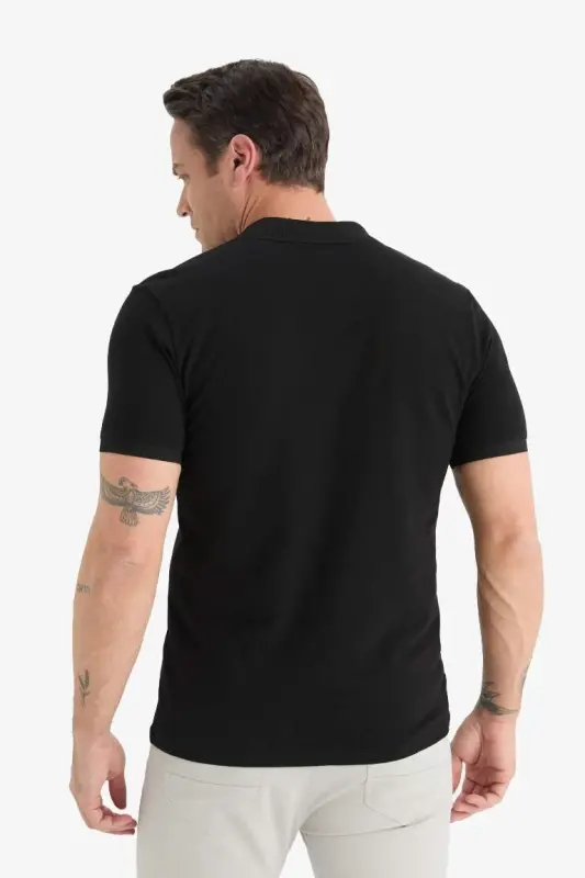 Slim Fit Narrow Cut Polo Collar Short Sleeve Basic Plain Black T-Shirt-Black - 1