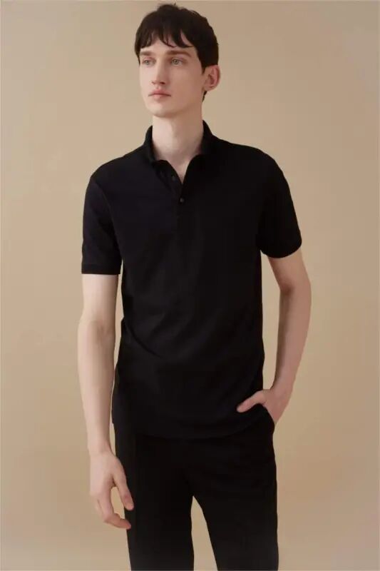 Slim Fit Narrow Cut Polo Collar Short Sleeve Basic Plain Black T-Shirt-Black - 3