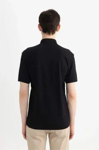 Slim Fit Narrow Cut Polo Collar Short Sleeve Basic Plain Black T-Shirt-Black - 9