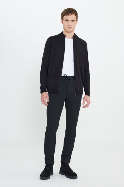 Slim Fit Narrow Cut Tie Waist Side Pocket Flexible Casual Black Pants - 1