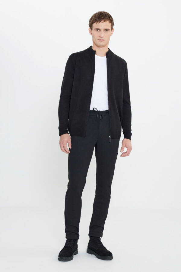Slim Fit Narrow Cut Tie Waist Side Pocket Flexible Casual Black Pants - 1