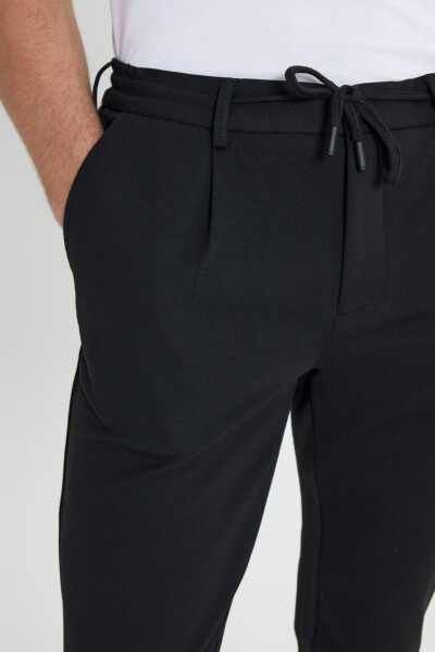 Slim Fit Narrow Cut Tie Waist Side Pocket Flexible Casual Black Pants - 4