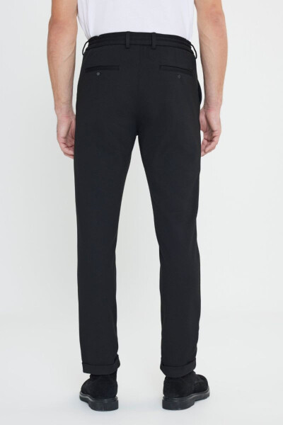 Slim Fit Narrow Cut Tie Waist Side Pocket Flexible Casual Black Pants - 5