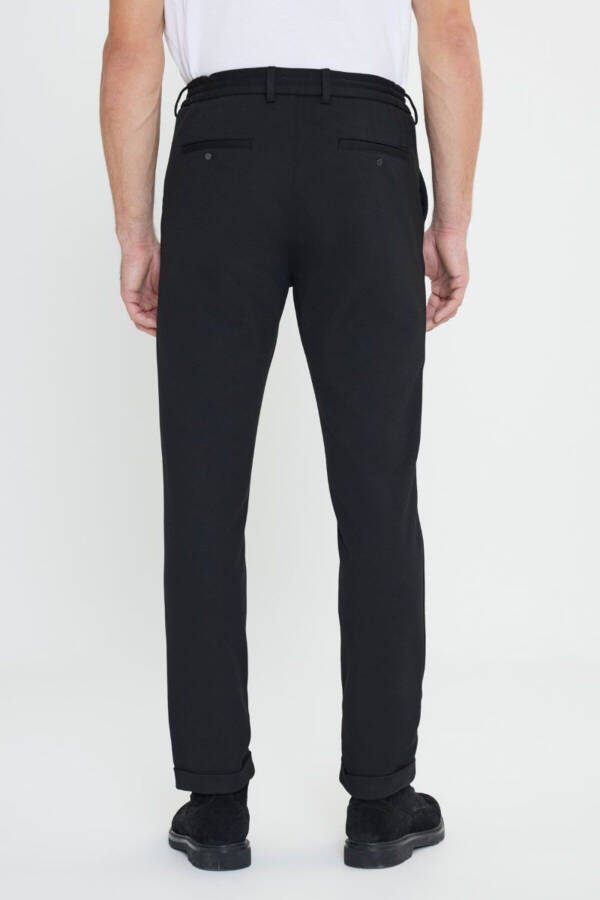 Slim Fit Narrow Cut Tie Waist Side Pocket Flexible Casual Black Pants - 5