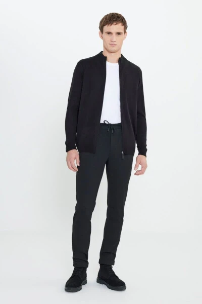 Slim Fit Narrow Cut Tie Waist Side Pocket Flexible Casual Black Pants - 1