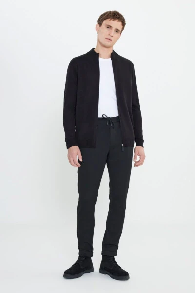 Slim Fit Narrow Cut Tie Waist Side Pocket Flexible Casual Black Pants - 3