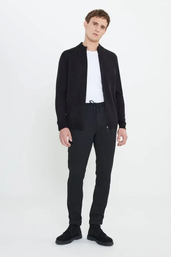 Slim Fit Narrow Cut Tie Waist Side Pocket Flexible Casual Black Pants - 3