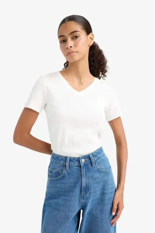 Slim Fit Narrow Cut V Neck Basic Plain Ribbed Short Sleeve T-Shirt-Ecru - 3