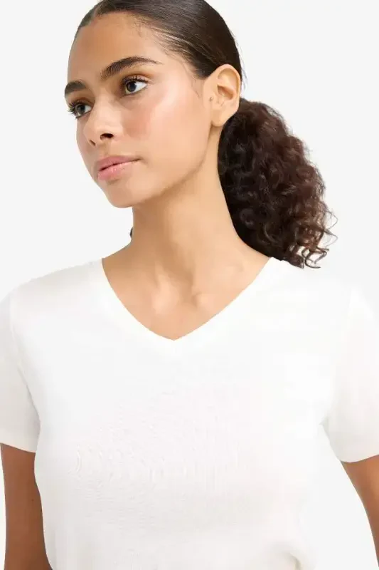 Slim Fit Narrow Cut V Neck Basic Plain Ribbed Short Sleeve T-Shirt-Ecru - 4