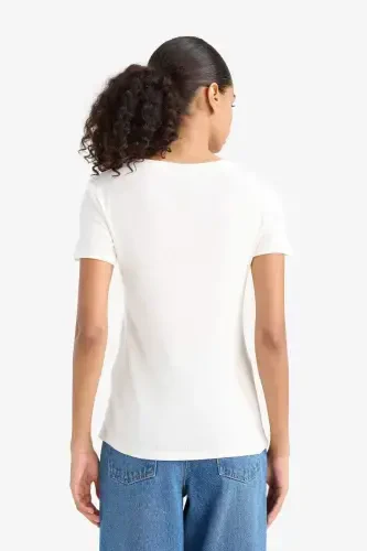 Slim Fit Narrow Cut V Neck Basic Plain Ribbed Short Sleeve T-Shirt-Ecru - 5