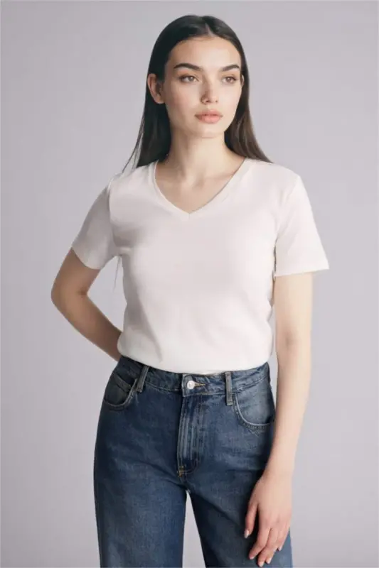 Slim Fit Narrow Cut V Neck Basic Plain Ribbed Short Sleeve T-Shirt-Ecru - DEFACTO