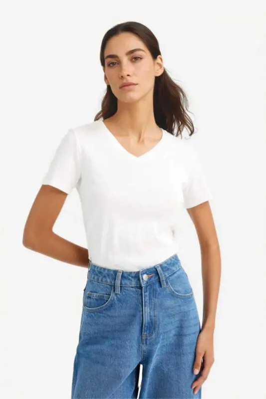 Slim Fit Narrow Cut V Neck Basic Plain Ribbed Short Sleeve T-Shirt-Ecru - 3