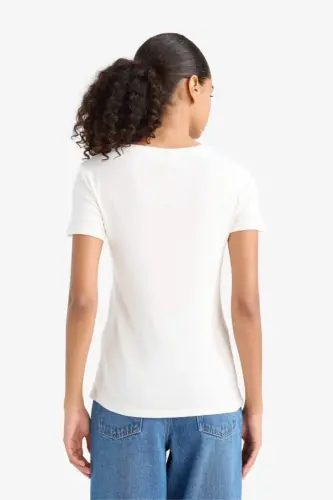 Slim Fit Narrow Cut V Neck Basic Plain Ribbed Short Sleeve T-Shirt-Ecru - 4