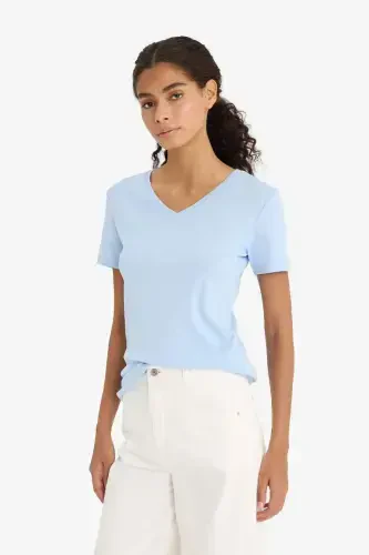 Slim Fit Narrow Cut V-Neck Ribana Basic Plain 100% Cotton Short Sleeve T-Shirt Light Blue - 3