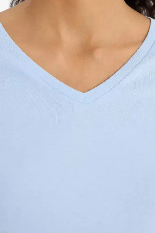Slim Fit Narrow Cut V-Neck Ribana Basic Plain 100% Cotton Short Sleeve T-Shirt Light Blue - 5
