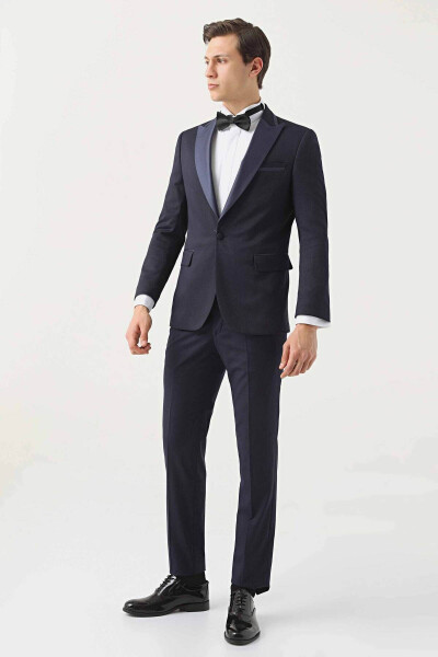 Slim Fit Navy Blue Armoured Notch Lapel Groom & Tuxedo Suit - 27