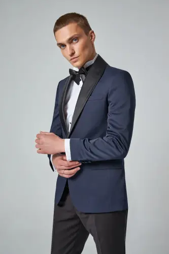 Slim Fit Navy Blue Patterned Groom Suit & Tuxedo - 1