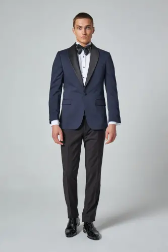 Slim Fit Navy Blue Patterned Groom Suit & Tuxedo - D'S DAMAT (1)