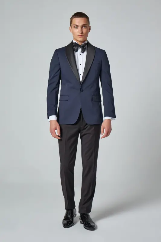 Slim Fit Navy Blue Patterned Groom Suit & Tuxedo - 2