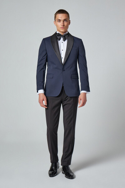 Slim Fit Navy Blue Patterned Groom Suit & Tuxedo - 17