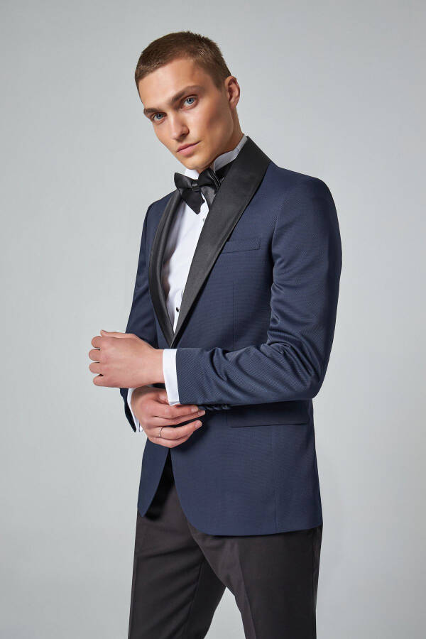 Slim Fit Navy Blue Patterned Groom Suit & Tuxedo - 18