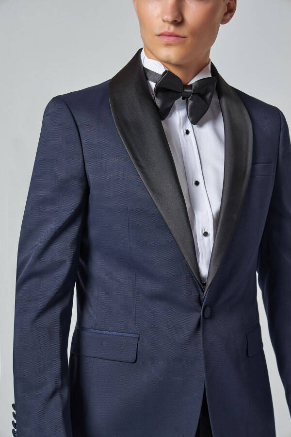 Slim Fit Navy Blue Patterned Groom Suit & Tuxedo - 19