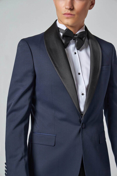 Slim Fit Navy Blue Patterned Groom Suit & Tuxedo - 11