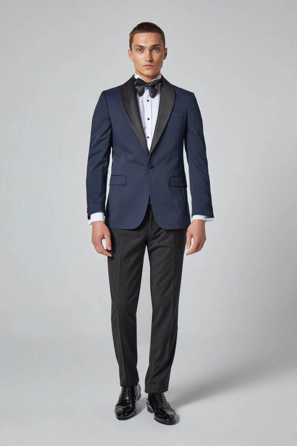 Slim Fit Navy Blue Patterned Groom Suit & Tuxedo - 5