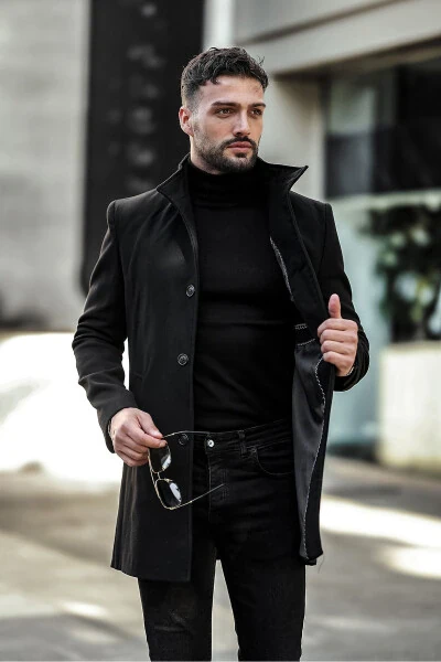 Slim fit, notched lapel, long cashmere coat. - GM GIYIMARKET